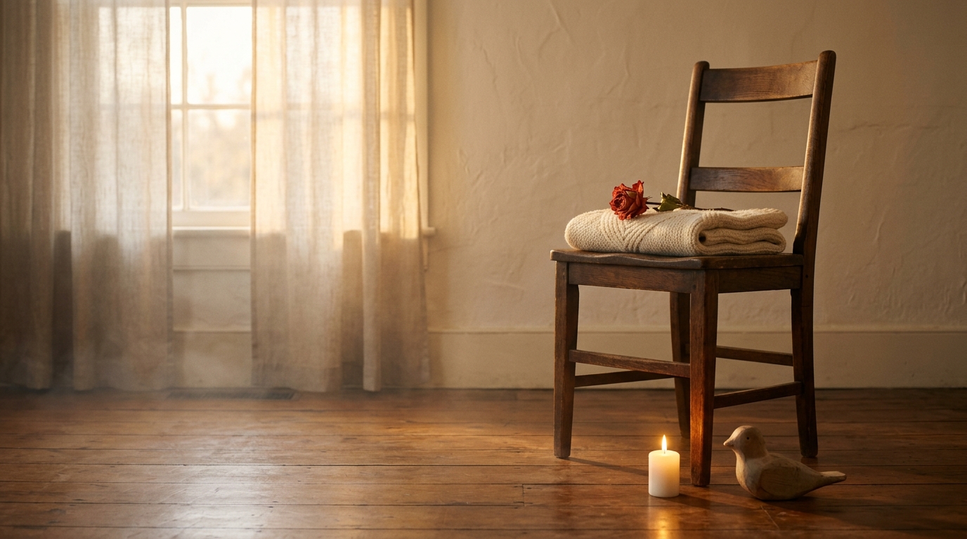 Una silla de madera vacía con un chal crema y una rosa vermilion encima, una vela encendida y un pequeño pájaro tallado en el suelo — altar simbólico para los excluidos del sistema familiar.