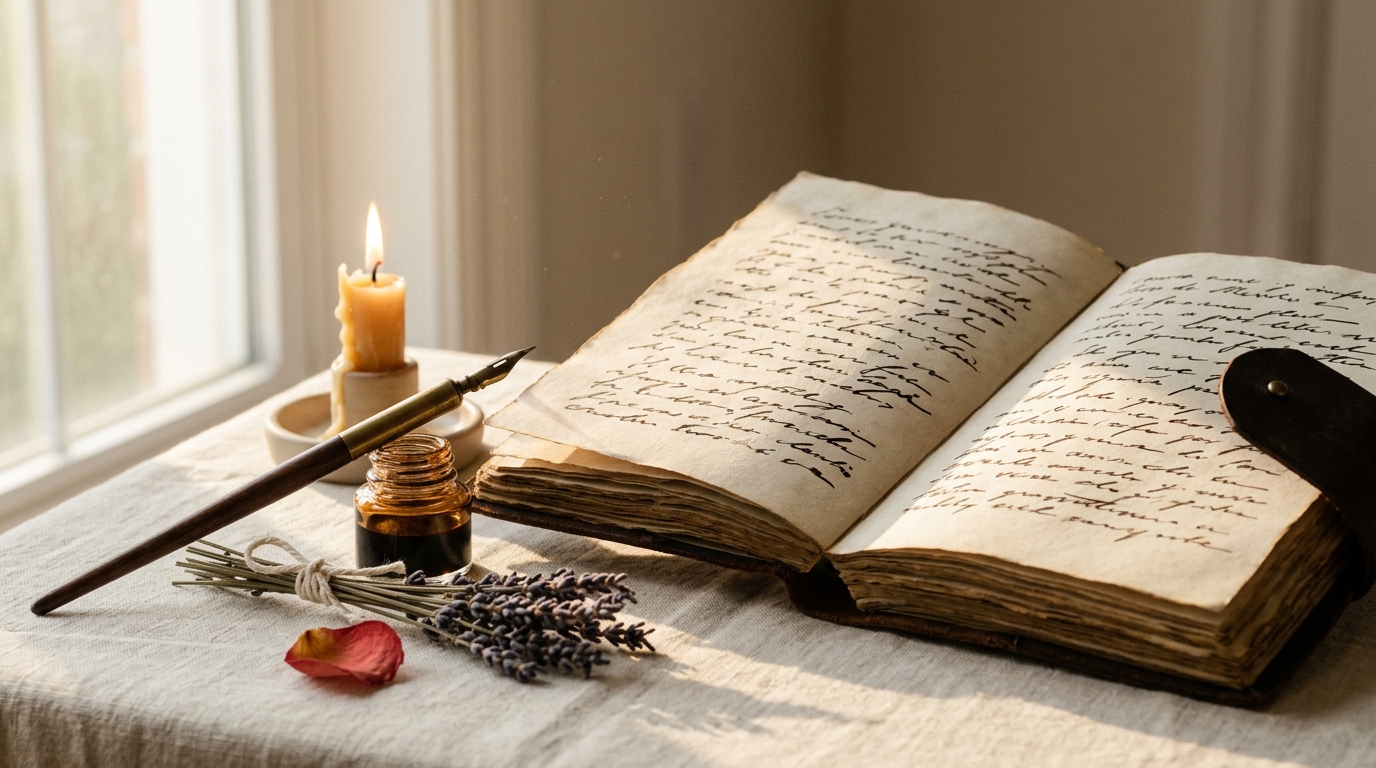 Diario de cuero abierto sobre lino crema con pluma de bronce, ramillete de lavanda seca, vela y rosa vermilion — el ritual íntimo de escribir las frases que sanan.