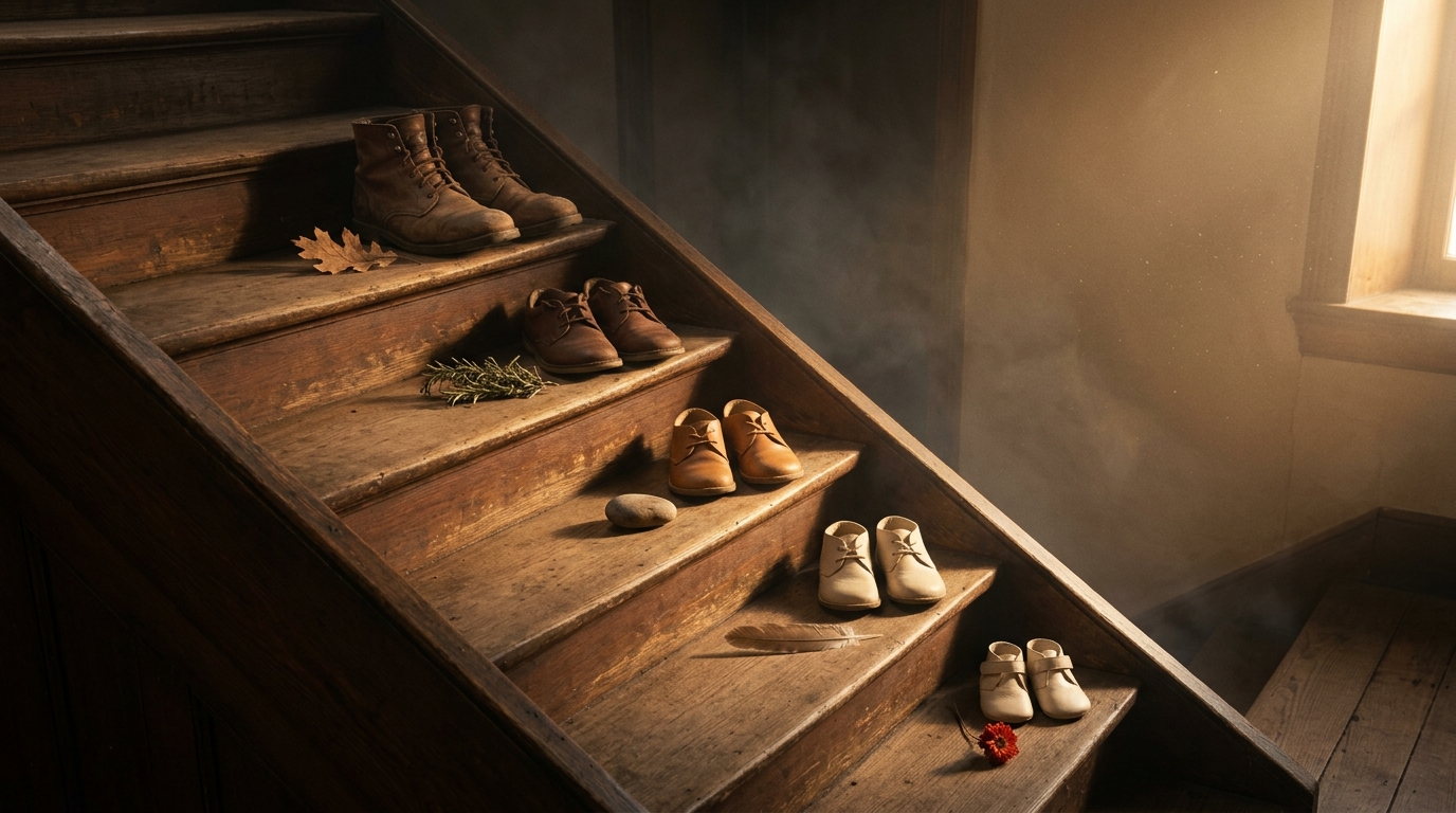 Cinco pares de zapatos de cuero ordenados por tamaño en una escalera de madera vieja al amanecer — del más grande arriba al más pequeño abajo, símbolo del orden de los hermanos en el sistema.