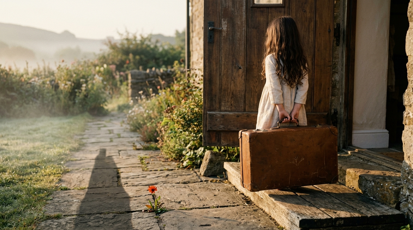 Una niña pequeña vista de espaldas en el umbral de una casa al amanecer, sosteniendo una maleta de cuero claramente demasiado grande para ella. Símbolo del hijo parental que cargó lo que no le tocaba.