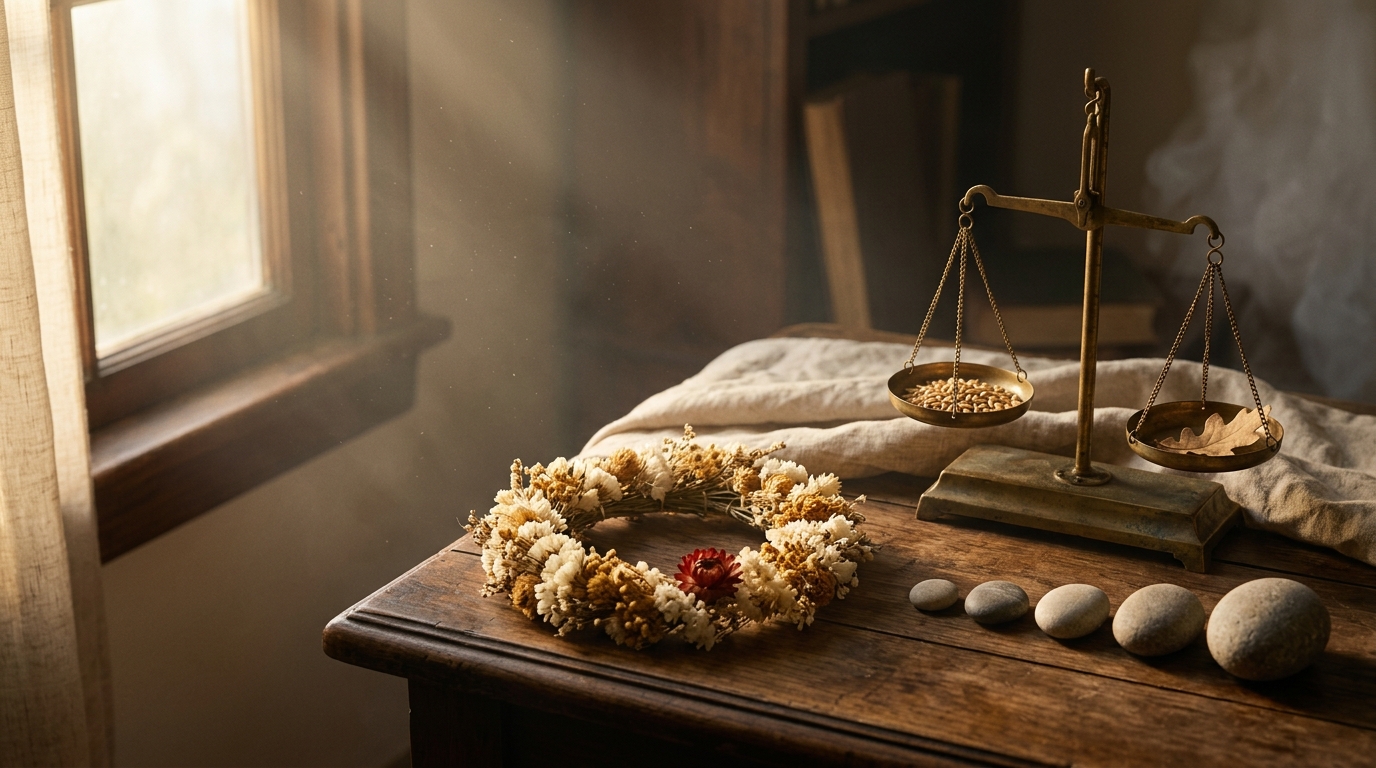 Composición editorial sobre mesa antigua con corona de flores secas, piedras alineadas por tamaño y balanza de bronce — símbolos de las tres leyes sistémicas de Hellinger.