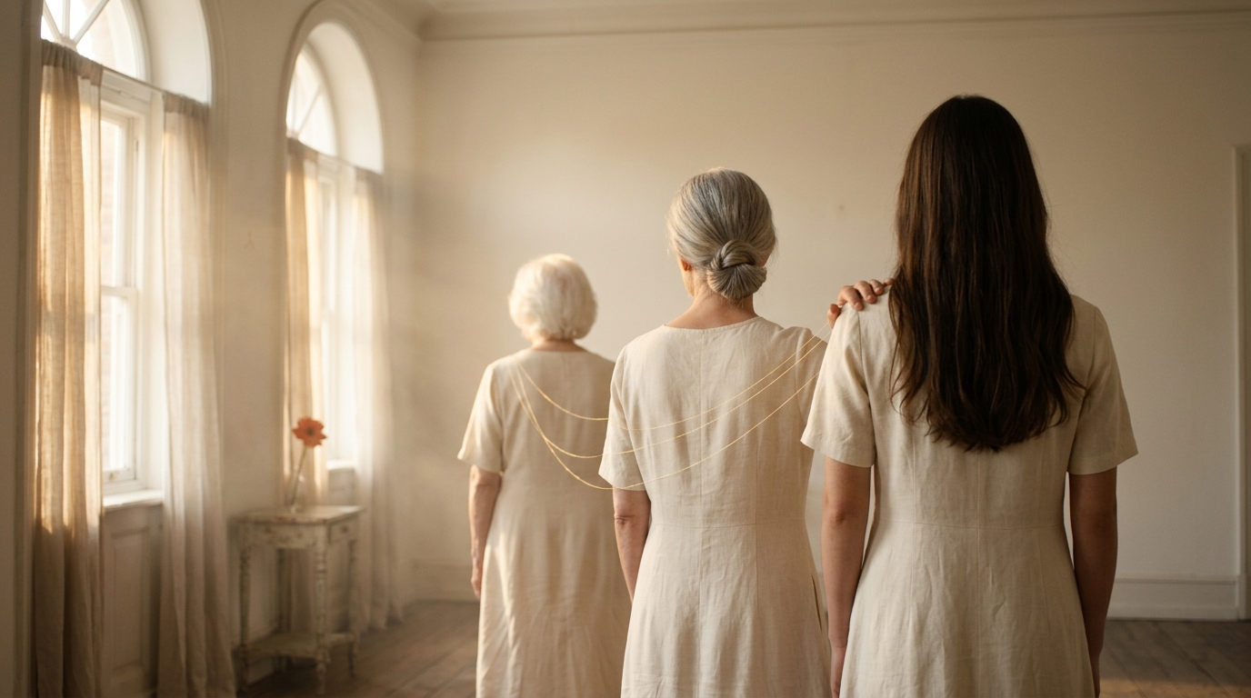 Tres generaciones de mujeres entrelazadas por un hilo dorado luminoso —bisabuela, abuela y madre— en una composición cinematográfica de luz cálida y bruma editorial. Símbolo de la memoria matrilineal.