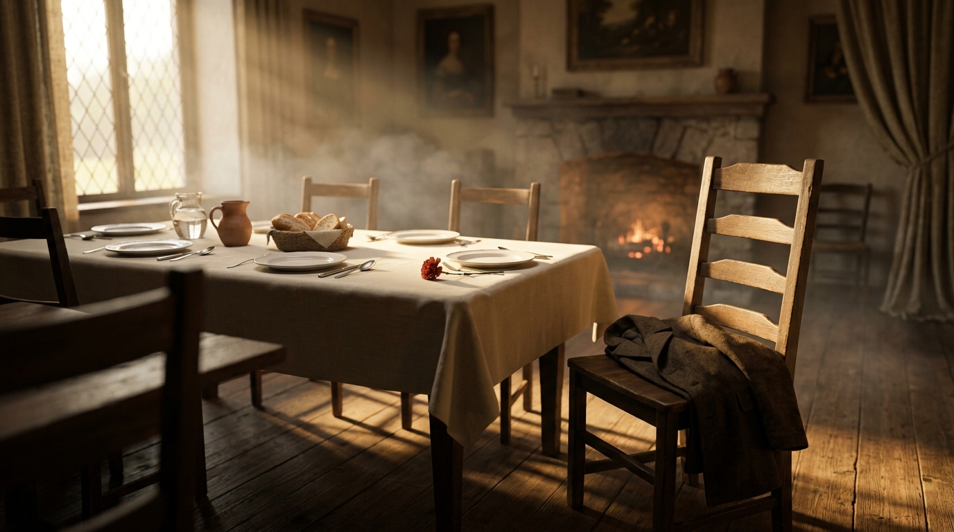Mesa de comedor con asiento principal vacío al amanecer, con un abrigo de hombre doblado sobre la silla y una flor vermilion en el plato — símbolo del padre ausente y el lugar que dejó.