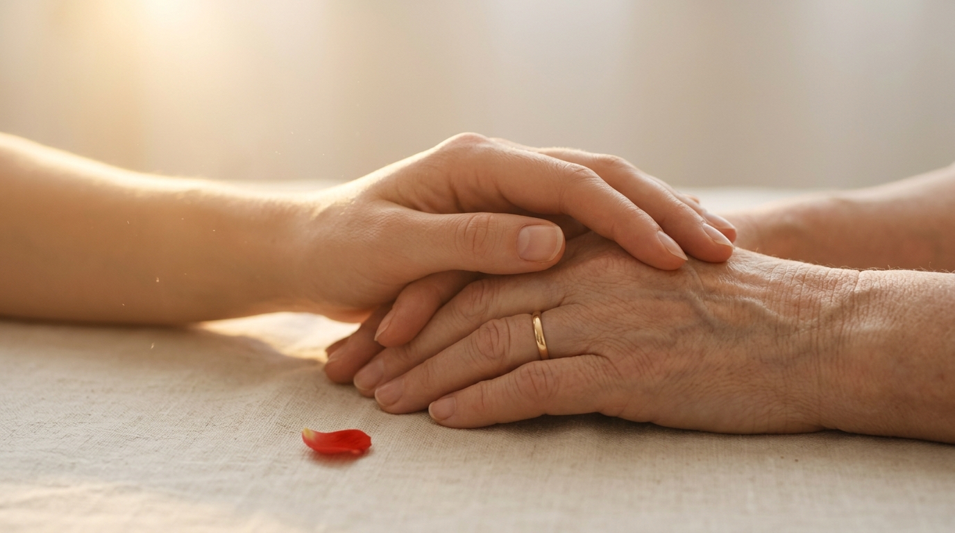 Manos de dos generaciones entrelazadas suavemente sobre lino crema —una mano joven y una mano mayor con un anillo dorado de matrimonio, símbolo de la reconciliación con la madre.