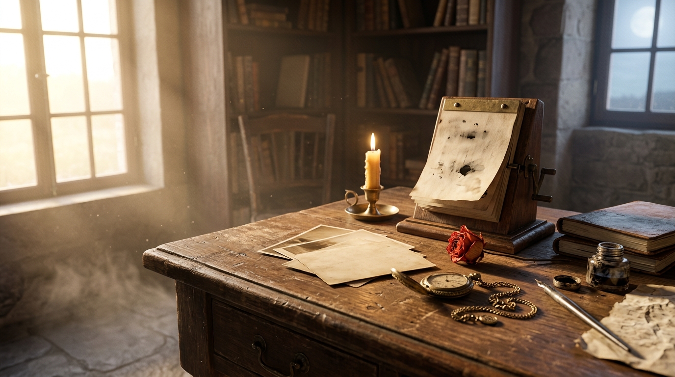 Escritorio editorial con calendario antiguo, vela encendida, fotografías sepia y una rosa vermilion — símbolo del síndrome del aniversario y la memoria del linaje.